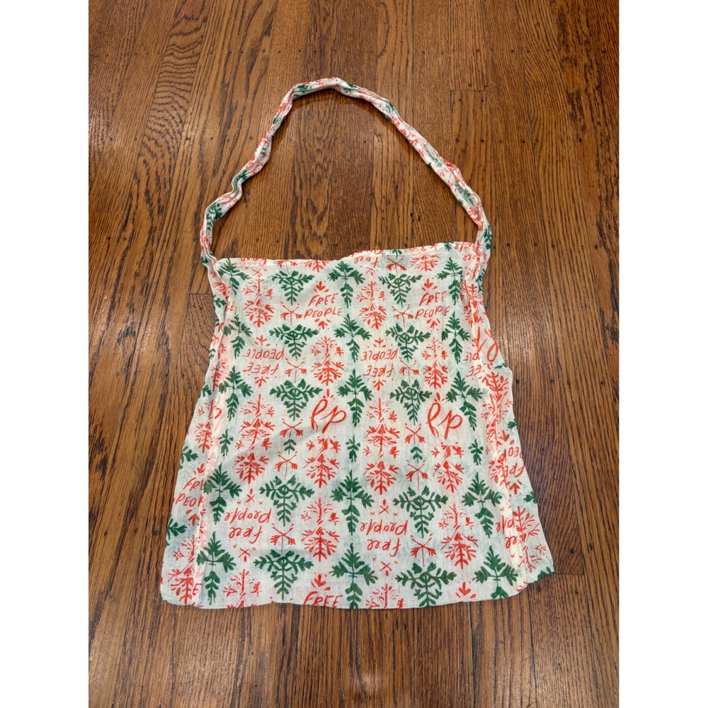 Free People Reusable Tote Bag Holiday Tree Logo Print Cream Green Red Gauze
